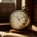 Vintage pocket watch open on a wooden desk, golden light catching the clock face