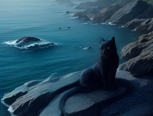 Black cat sitting on a rocky shore beside the ocean with a mermaid figurine nearby