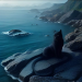 Black cat sitting on a rocky shore beside the ocean with a mermaid figurine nearby
