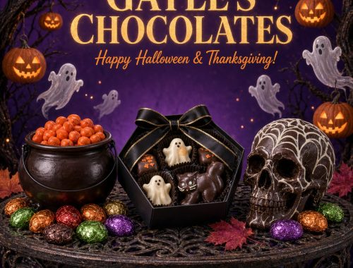 Gayle’s Chocolates Halloween and Thanksgiving gift box with ghost chocolates, chocolate skull, cauldron of orange candies, and autumn leaves