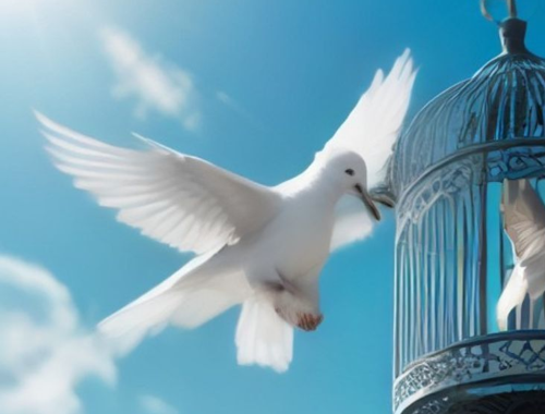 White dove flying free from an open birdcage into bright sky