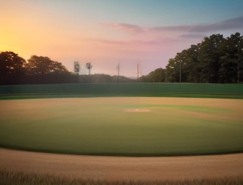Baseball diamond carved into a cornfield at golden hour, empty seats and open sky