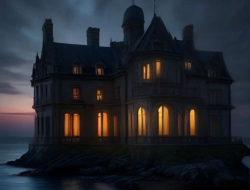 Old seaside mansion on a cliff overlooking the ocean at twilight