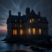 Old seaside mansion on a cliff overlooking the ocean at twilight