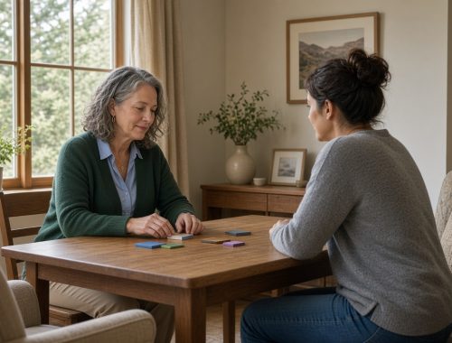 a practitioner and an adult client sit at a wooden table in a sunlit room, working with simple cards while pines show through the window. no text appears in the image.