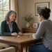 a practitioner and an adult client sit at a wooden table in a sunlit room, working with simple cards while pines show through the window. no text appears in the image.