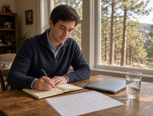 a younger adult sits at a wooden desk by a window, writing in a notebook next to a blank calendar, with pines outside. no text appears in the image.