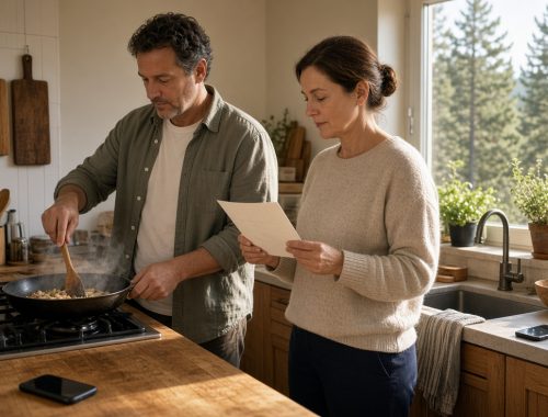 two adults cook together in a sunlit kitchen, focused on one task, with phones set aside and pines visible through the window. no text appears in the image.