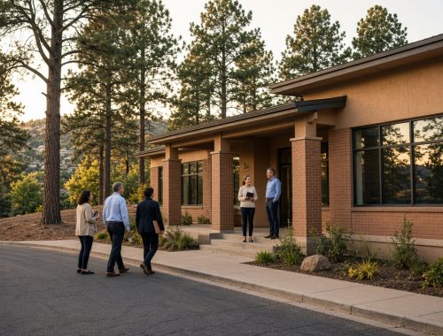 business owners in smart casual clothes walk toward a modest prescott office building under pine trees, arriving for local business resources. no text appears in the image.