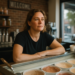 Woman in a black T-shirt leaning on a shop counter above tubs of ice cream, with a brick wall and welcome sign behind her