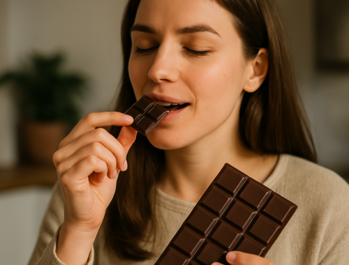 Woman with eyes closed taking a bite of a dark chocolate bar while holding the rest of the bar