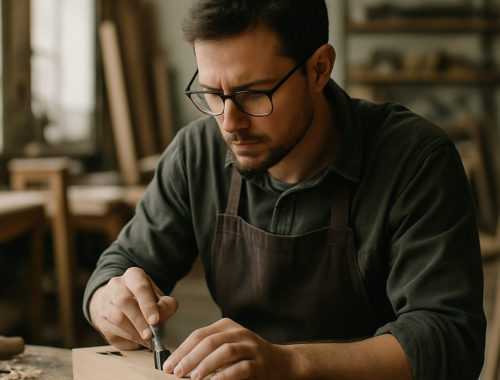 Man in glasses and a work apron carefully carving a block of wood at a workbench covered in shavings