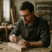 Man in glasses and a work apron carefully carving a block of wood at a workbench covered in shavings