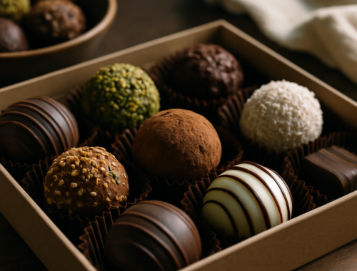 Open box of assorted chocolate truffles dusted with cocoa, coconut, pistachio and nuts, plus striped dark and white chocolate pieces