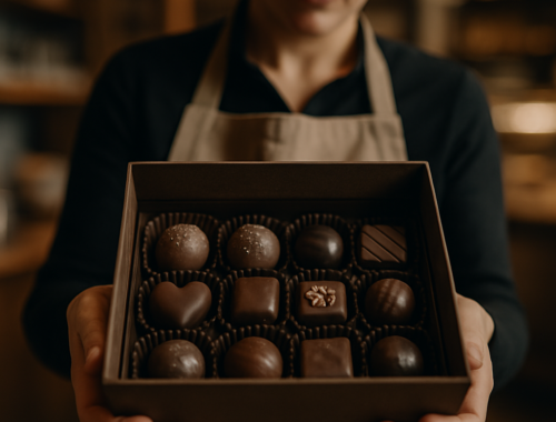 Person in an apron holding out an open gift box of assorted handmade chocolates, including a heart-shaped piece and truffles
