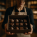 Person in an apron holding out an open gift box of assorted handmade chocolates, including a heart-shaped piece and truffles