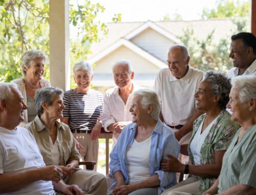 Group of happy diverse seniors laughing and engaging in warm conversation on a sunny porch in Prescott Valley, Arizona, symbolizing joyful social connection and healthy aging.