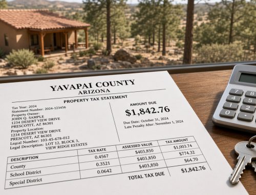 Yavapai County Arizona property tax statement on a wooden table with house keys and a calculator, Prescott home outside the window