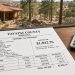 Yavapai County Arizona property tax statement on a wooden table with house keys and a calculator, Prescott home outside the window