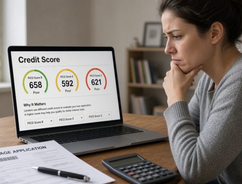 Woman reviewing multiple FICO credit score gauges on a laptop next to mortgage application papers