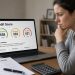 Woman reviewing multiple FICO credit score gauges on a laptop next to mortgage application papers