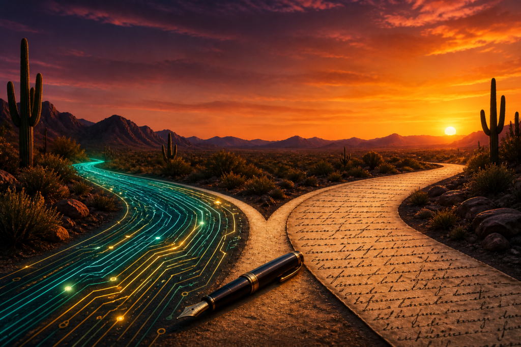 Desert fork in the road with a circuit path and a manuscript path.
