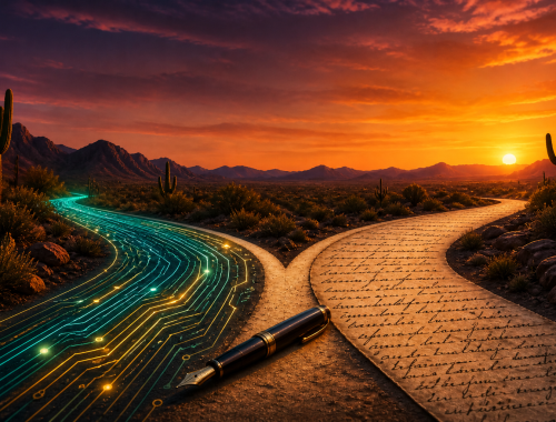 Desert fork in the road with a circuit path and a manuscript path.