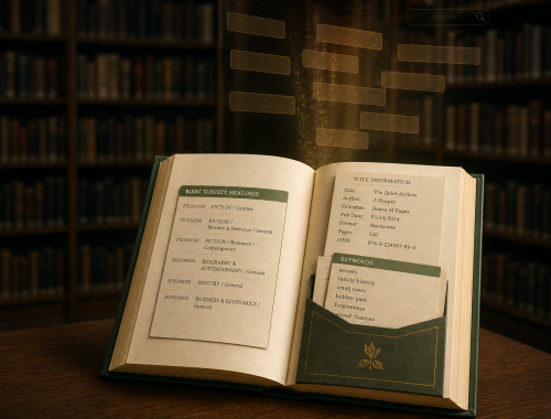 Open book with catalog cards and keyword tags for Metadata Demystified.