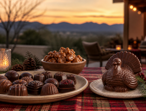 Holiday chocolate platter with clusters and molded pieces on a Verde Valley table