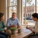 hree local professionals in smart casual clothes talk around a wooden table by a window overlooking a historic prescott street. no text appears in the image.