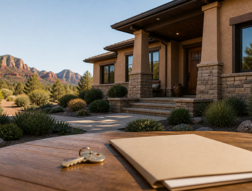 House key and closing folder on a Prescott porch with a Northern Arizona home beyond