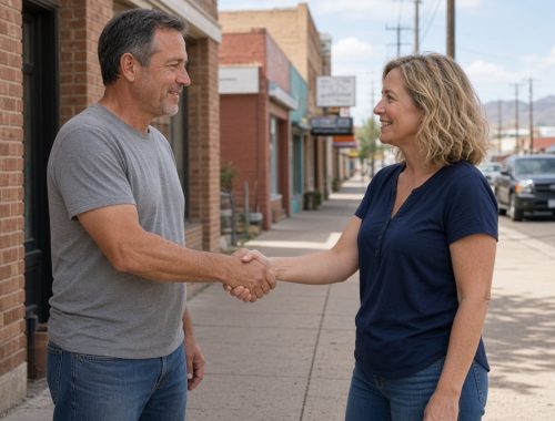 Two people in t-shirts and jeans shaking hands on a small-town sidewalk