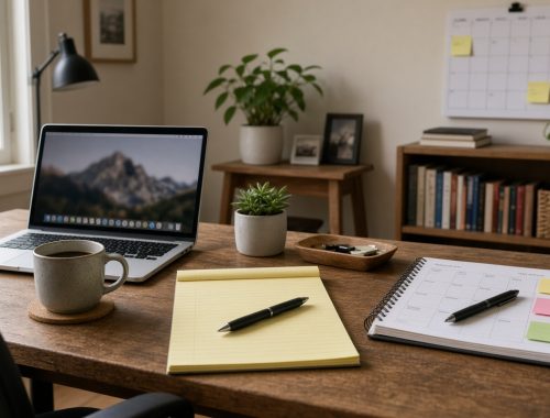 Home desk with laptop, yellow legal pad, coffee, and sticky-note calendar