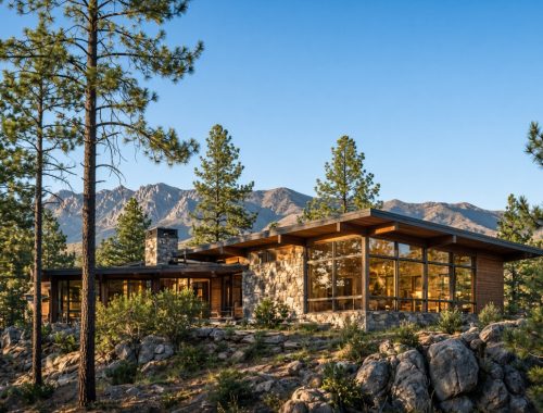modern pine country home in prescott, arizona with large dual pane windows, stone and wood exterior, and mountain views.