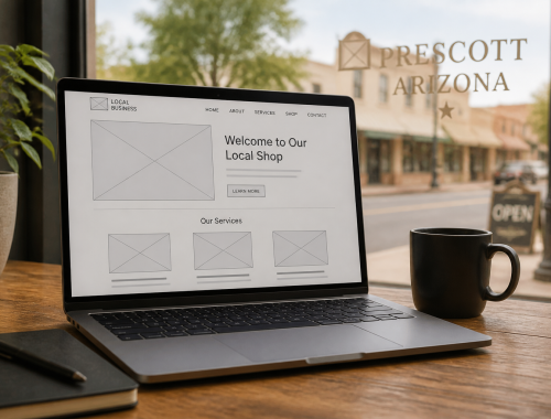 Laptop on a wooden desk showing a local business website wireframe with a Prescott street view behind