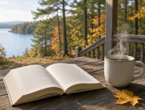 Open book and steaming mug on a wooden porch table with autumn maple leaves and a lake beyond