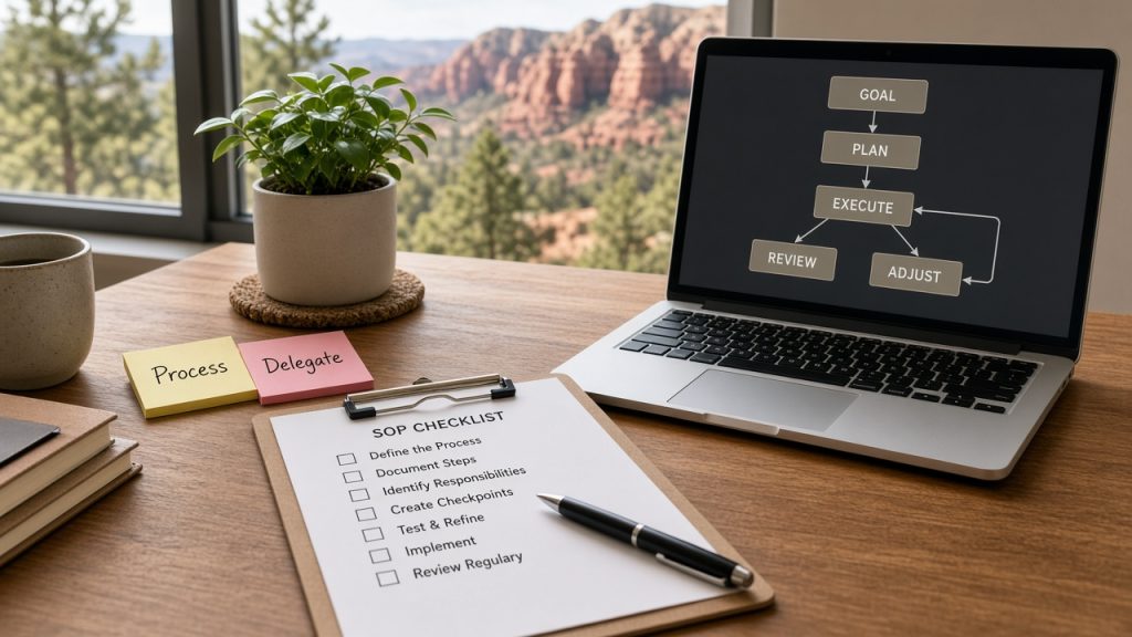 Clipboard with an SOP checklist beside a laptop flowchart on a desk overlooking red-rock landscape