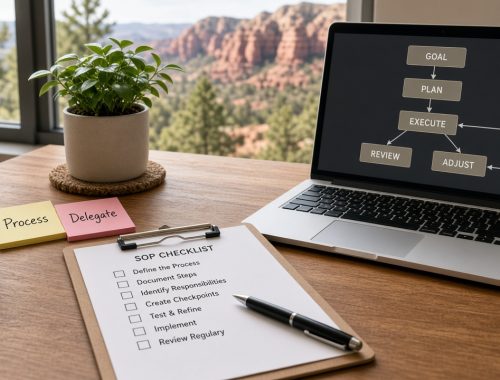 Clipboard with an SOP checklist beside a laptop flowchart on a desk overlooking red-rock landscape