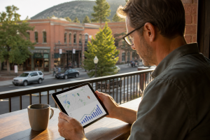 Small-business owner reviewing a tablet with a local map and rising chart in a downtown setting