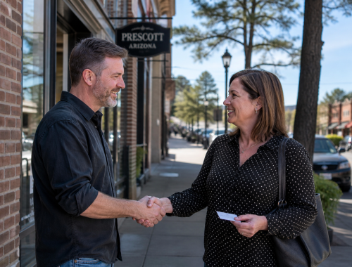Two business owners shaking hands outside a downtown Prescott storefront
