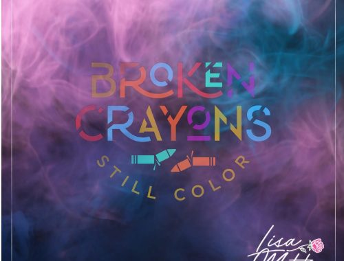 Colorful album graphic with broken crayon icons over swirling purple, pink, and blue smoke, and a rose signature in the corner