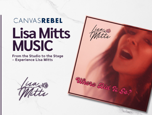CanvasRebel interview graphic with a red-tinted close-up of Lisa Mitts singing, long hair, looking upward