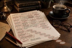 Manuscript pages covered in red-circled “something” edits beside a red pen, reading glasses, and a cup of coffee.