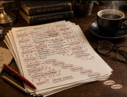 Manuscript pages covered in red-circled “something” edits beside a red pen, reading glasses, and a cup of coffee.