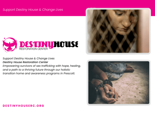 Destiny House graphic with a young woman seen through a chain-link fence and hands tied at the wrists with rope