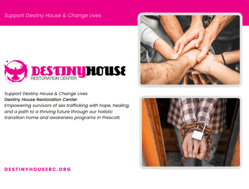 Destiny House graphic with stacked photos of many hands joined in a circle and hands bound with rusted chains and a padlock