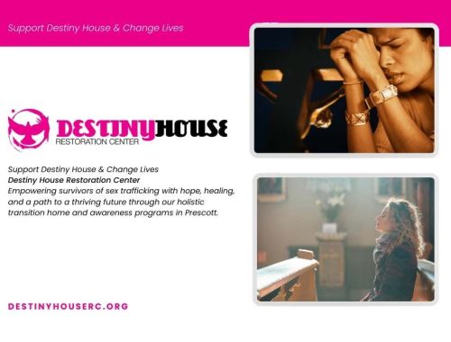 Destiny House graphic with a woman praying, hands pressed to her forehead, and a woman seated in a church pew with her eyes closed