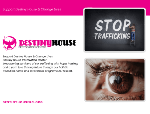 Destiny House graphic with a person painting STOP TRAFFICKING on a dark wall and a close-up of a brown eye