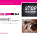 Destiny House graphic with a person painting STOP TRAFFICKING on a dark wall and a close-up of a brown eye