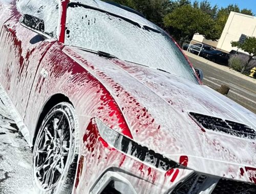 Foam pre-wash on a car during a safe hand wash in Prescott Valley, Arizona